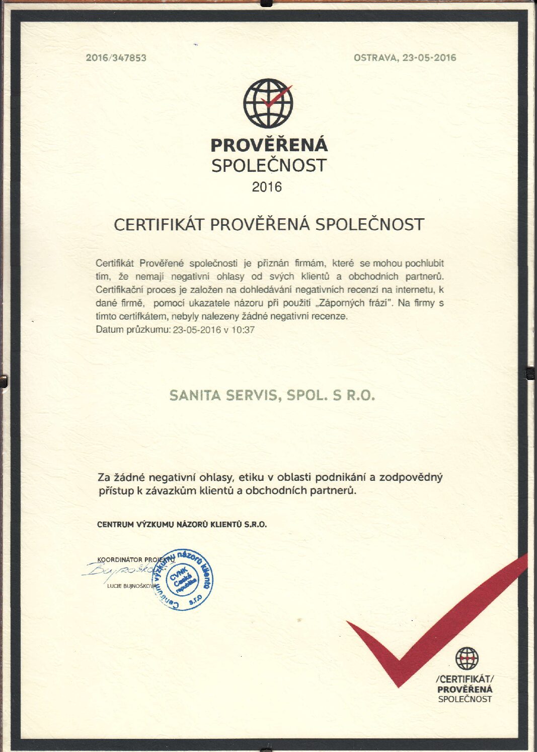 Certifikát prověřená společnost